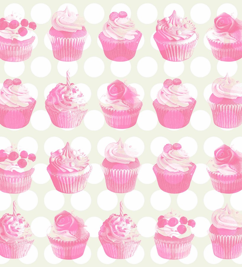 Papel pintado cupcakes tonos rosas con fondo de lunares - Cupcakes 7349