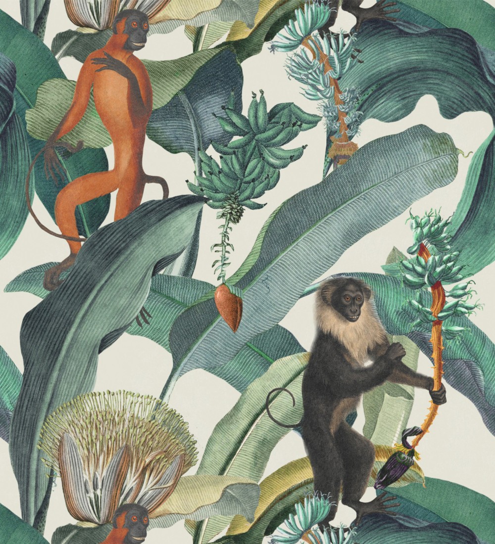 Papel pintado infantil monos niñas y pájaros colgados de un árbol - Monkeys  Tribe 125902 de GAULAN - Rollo de 10 m x 0,53 m