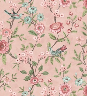 Papel pintado de flores y pájaros fondo rosa estilo floral romántico Bird Haven 682906