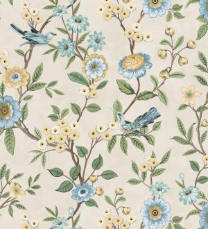 Papel pintado de flores y pájaros fondo beige Bird Haven 682909