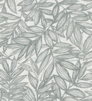 Papel pintado hojas gris verdoso impresas en fondo textil Serene Nature 682976