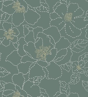 Papel pintado de flores en estilo de costura delicada fondo verde oscuro Nomad Blossom 683151