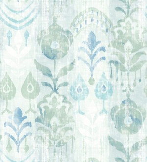 Papel pintado ikat con motivos florales tonos verde agua Bohemian Canopy 683157