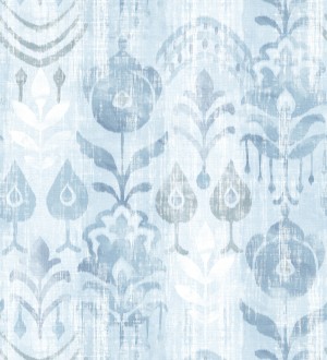 Papel pintado ikat con motivos florales tonos azules Bohemian Canopy 683158