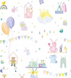 Papel pintado mural infantil con ilustraciones de juguetes y globos Baby Joy 683211