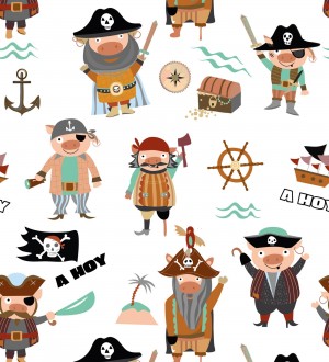 Papel pintado mural con divertidos cerditos piratas y barcos del tesoro Baby Joy 683214