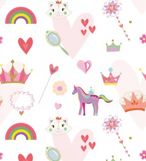 Papel pintado mural con unicornios, coronas y arcoíris para niñas Baby Joy 683216