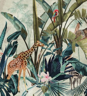 Papel pintado mural de selva tropical y animales exótico enmarcado con listones de madera African Oasis 683229