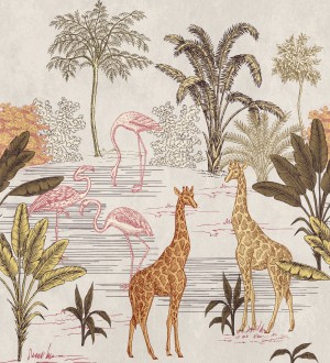 Papel pintado mural de safari con jirafas y flamencos Baby Wonderland 683235