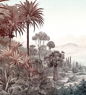 Papel pintado mural con paisaje tropical ilustrado en tonos suaves y vintage Majestic Pathway 683238