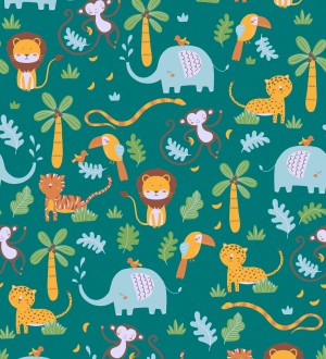 Papel pintado tropical con elefantes leones tigres loros y monos Playful Safari 683266