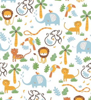 Papel pintado tropical con elefantes leones tigres loros y monos Playful Safari 683267