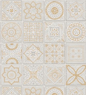 Papel pintado de azulejos de inspiración árabe en tonos oro y gris claro Marrakech Tiles 683287