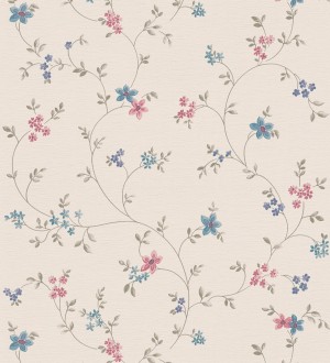 Papel pintado de flores pequeñas con textura entelada en colores azul y magenta fondo beige Petit Spring 683296