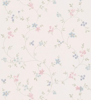 Papel pintado de flores pequeñas con textura entelada en colores celeste y rosa fondo blanco roto Petit Spring 683297