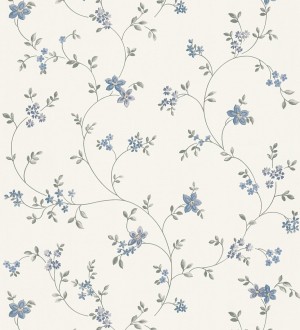 Papel pintado de flores pequeñas con textura entelada en colores azul y gris fondo blanco Petit Spring 683298