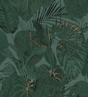 Papel pintado de hojas grandes tropicales en tonos verde oscuro Makira Vibes 683319