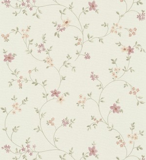 Papel pintado de flores pequeñas con textura entelada en colores malva y beige fondo blanco Petit Spring 683341