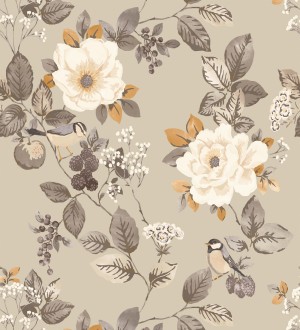 Papel pintado con diseño floral y pájaros estilo vintage fondo beige Caramel Rose 683361