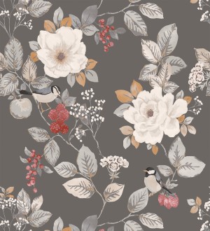 Papel pintado con diseño floral y pájaros estilo vintage fondo gris oscuro Caramel Rose 683363