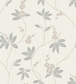 Papel pintado con flores sutiles beige sobre un fondo trenzado de arpillera Miranda Flowers 683371