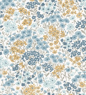 Papel pintado de flores pequeñas con colores amarillo celeste azul y gris claro Spring Melody 683421