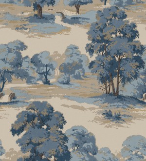 Papel pintado de paisaje campestre con árboles en tonos azules y beige tostado Haldon Forest 683437