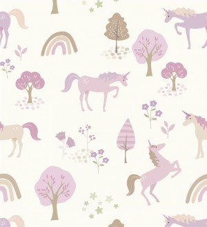 Papel pintado infantil de unicornios arcoíris y árboles color rosa fucsia Unicorn Dream 683484