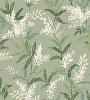 Papel pintado floral con hojas y ramas elegantes con tonos verdes Lily Garden 683581