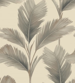 Papel pintado hojas de palma tropical color visón sobre fondo beige mate Areca 683587