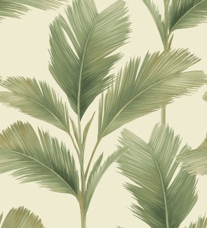 Papel pintado hojas de palma tropical color verde sobre fondo beige claro mate Areca 683588